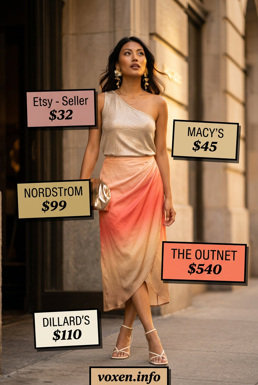 Glamorous Summer Asymmetric Skirt Outfits for Women 2026: Orange satin skirt, gold knit top, gold clutch, strappy heels.