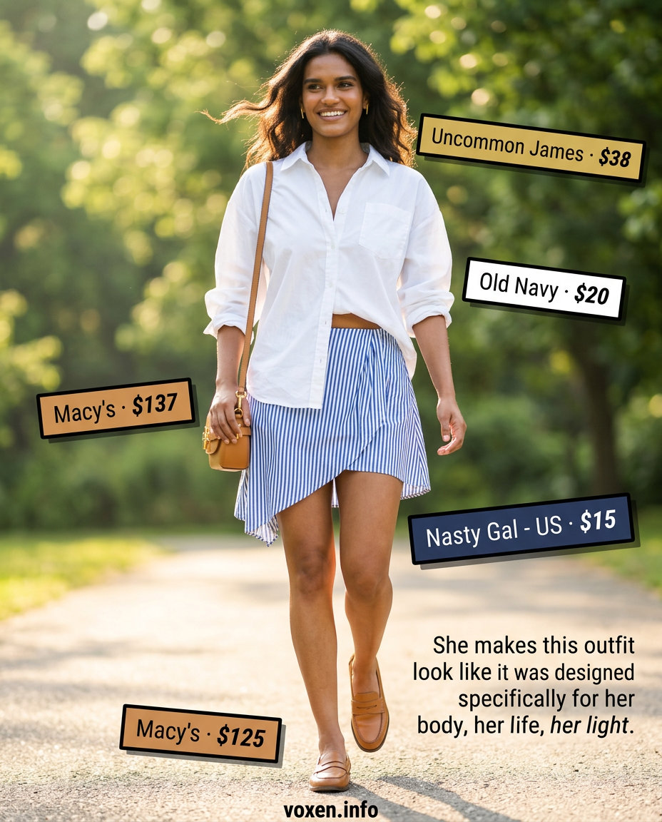 Preppy Summer Asymmetric Skirt Outfits for Women 2026: Striped asymmetric skirt, white button-down, tan crossbody, loafers.