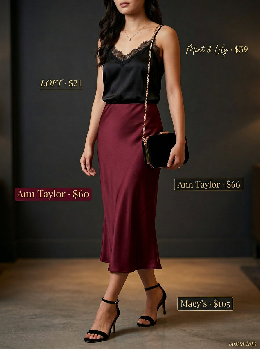 Summer Asymmetric Skirt Outfits for Women 2026: Burgundy satin slip skirt, black camisole, heels for elegant date night.