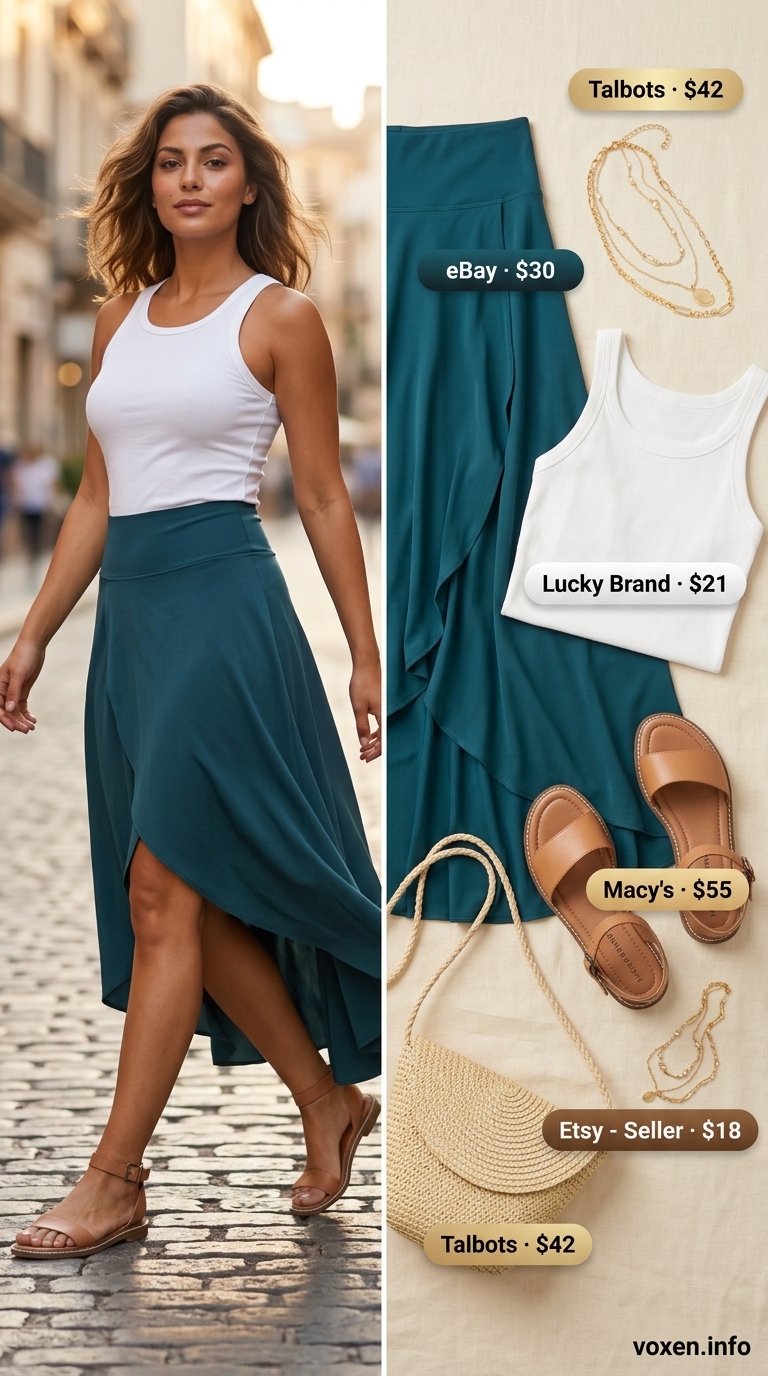 Summer Asymmetric Skirt Outfits for Women 2026: Teal maxi skirt, white tank, leather sandals, straw bag, layered necklaces.
