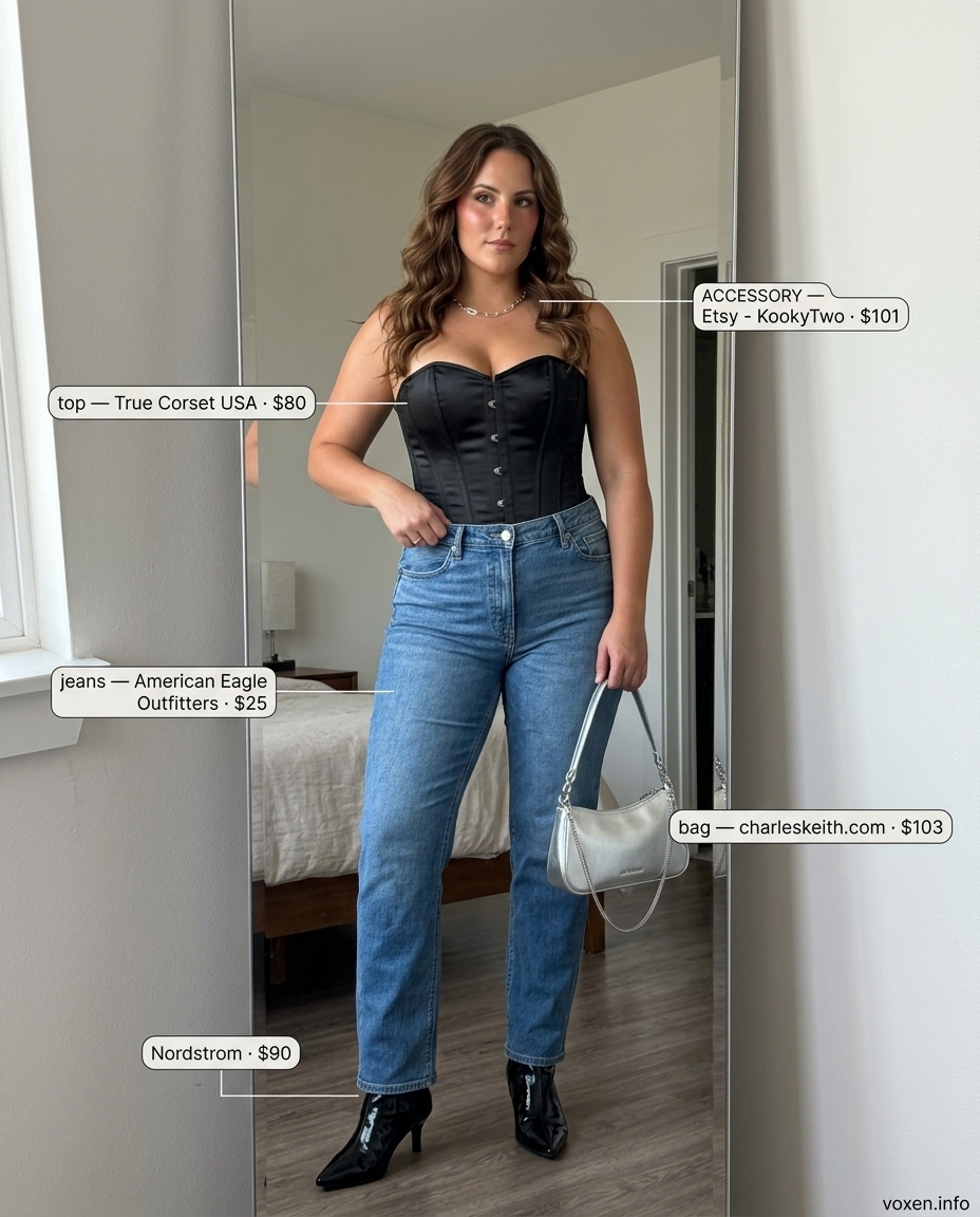 Edgy Backless Corset Top Outfits 2026 Summer Backless Top Outfits for Women 2026: Black backless corset top with dark wash jeans & heeled boots for a night out.
