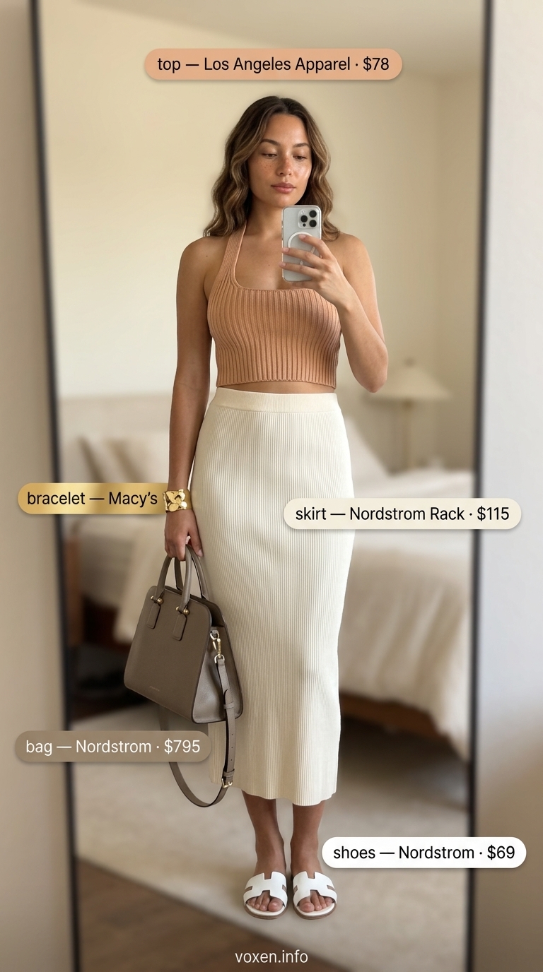 Chic Backless Knit Top Outfits 2026 Summer Backless Top Outfits for Women 2026: Beige backless knit halter top with midi skirt & leather slides for a chic look.
