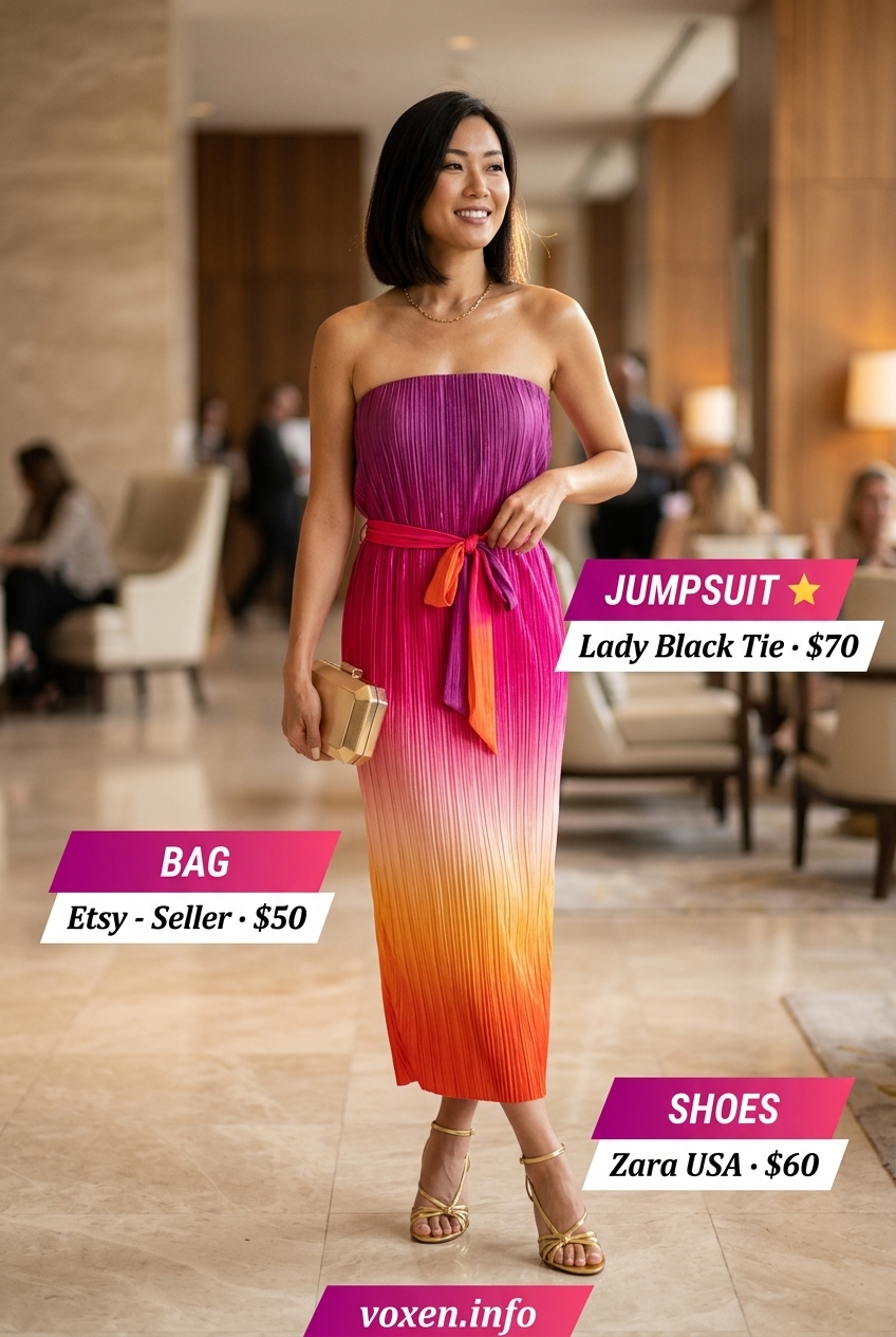 Glamorous Backless Jumpsuit Outfits 2026 Summer Backless Top Outfits for Women 2026: Sunset ombre backless jumpsuit with gold heels for a formal occasion.
