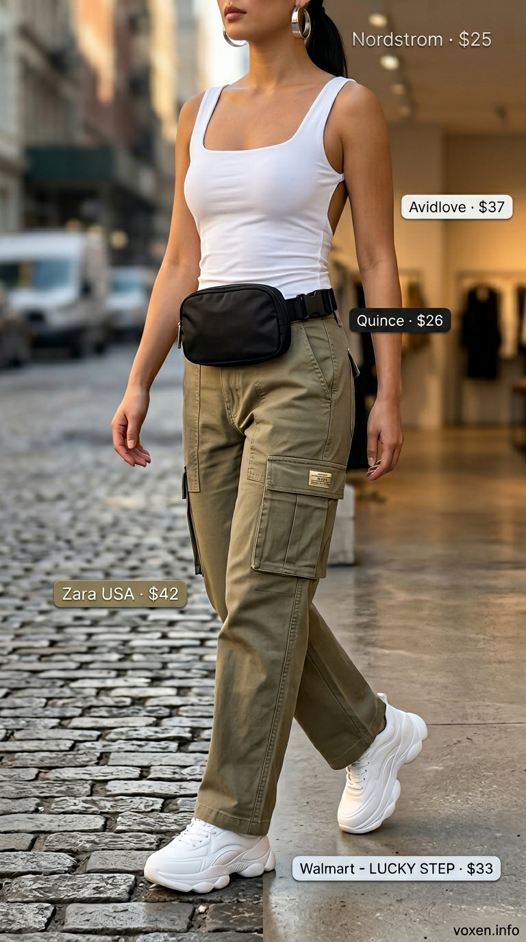 Chic Cargo & Backless Top for Casual Summer 2026 Summer Backless Top Outfits for Women 2026: Khaki cargo pants, white backless top, chunky sneakers for casual chic.
