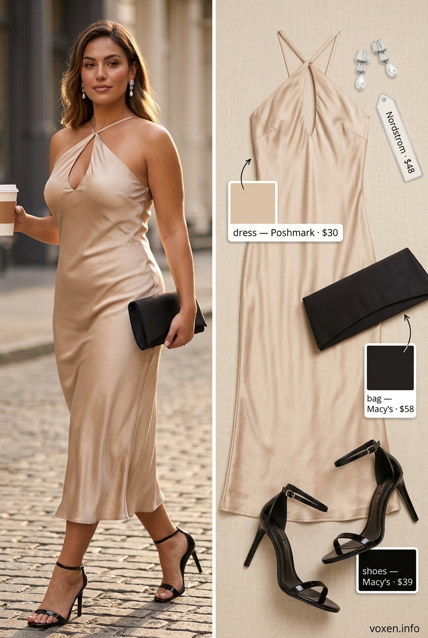 Champagne Backless Satin Slip Dress for Evening 2026 Summer Backless Top Outfits for Women 2026: Champagne satin slip dress for date night.