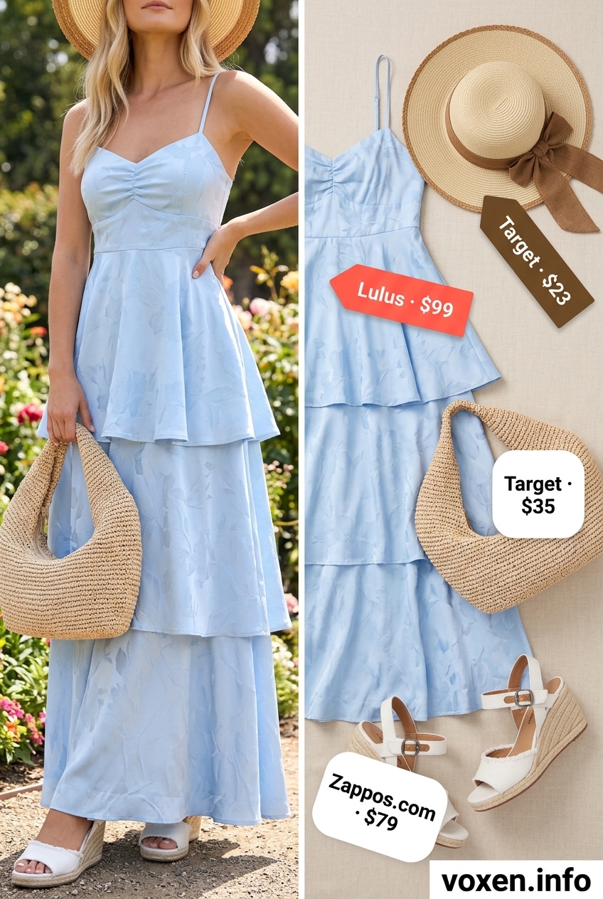 Beach Vacation Backless Dress Outfits 2026 Sky blue backless maxi dress with straw hat & tote: Summer Backless Top Outfits for Women 2026 beach vacation style.