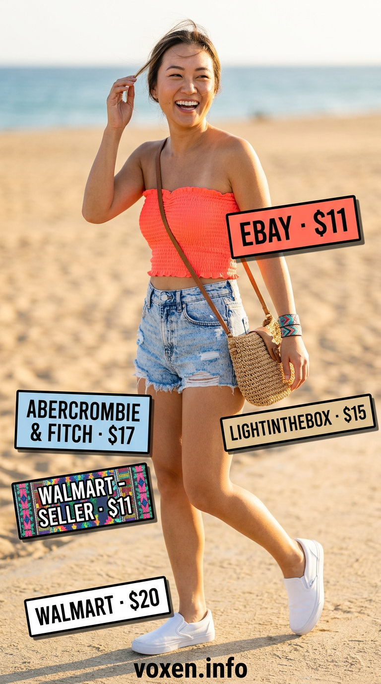 Beach & Festival Backless Top Outfits 2026 Coral backless tube top with white denim shorts & straw bag: Summer Backless Top Outfits for Women 2026 beach style.
