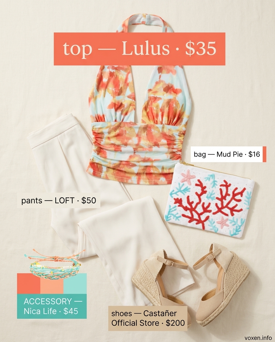 Festive Coral Backless Halter Top for Summer Parties 2026 Summer Backless Top Outfits for Women 2026: Coral halter top, white palazzo pants for a festive party.