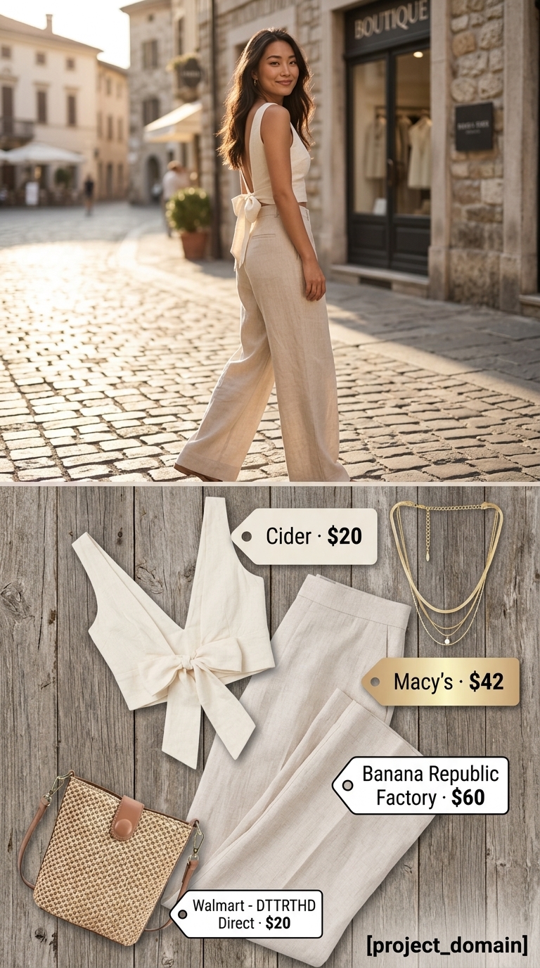 Coastal Breeze Linen Backless Top & Pants Set 2026 Summer Backless Top Outfits for Women 2026: Cream linen set, wide-leg pants for beach day.