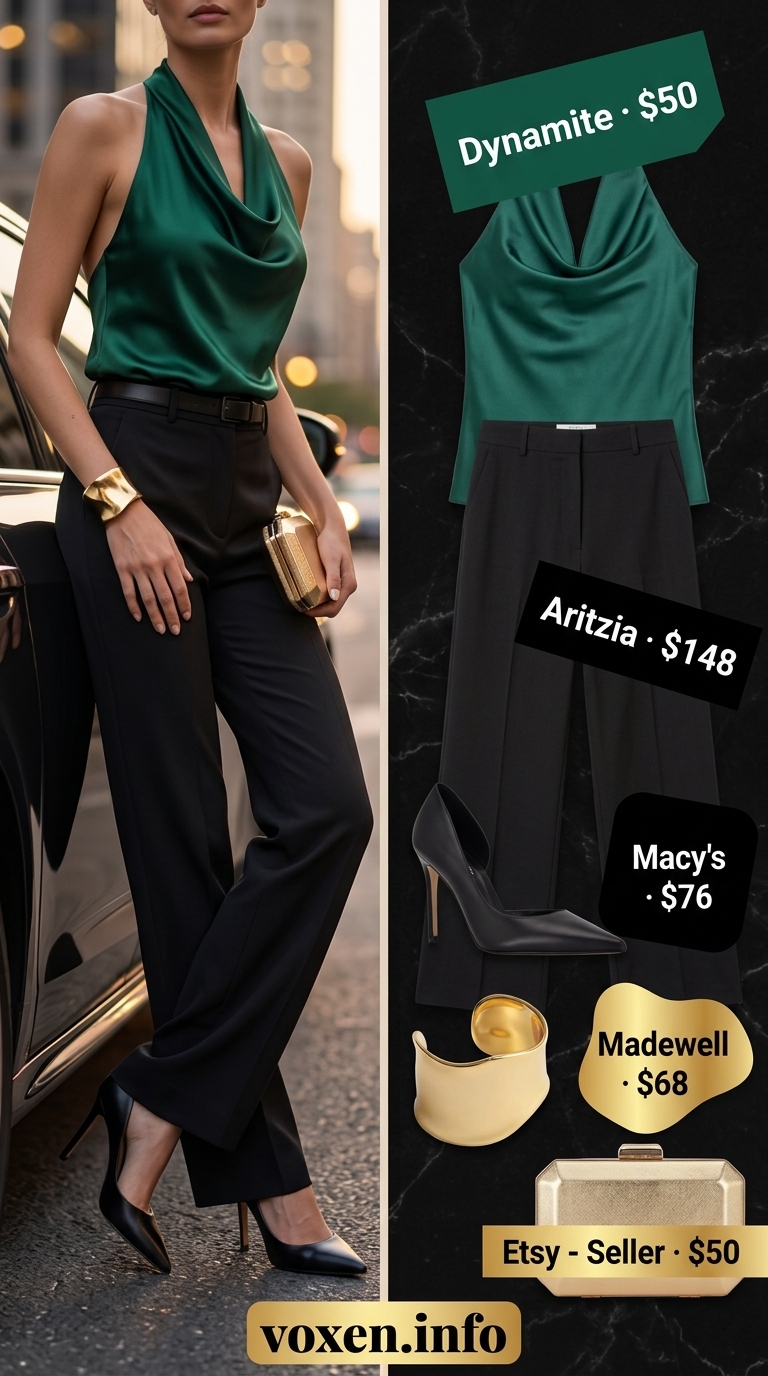 Emerald Green Backless Blouse & Trousers for Elegant Evenings 2026 Summer Backless Top Outfits for Women 2026: Emerald green backless blouse, black trousers for elegant dinner.