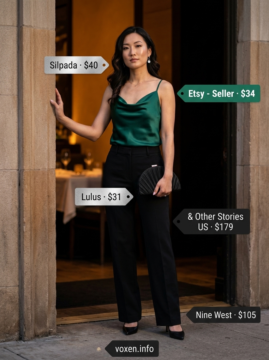 Elegant Evening Backless Top Outfits 2026 Emerald green backless cowl neck top with black trousers: Summer Backless Top Outfits for Women 2026 evening event style.