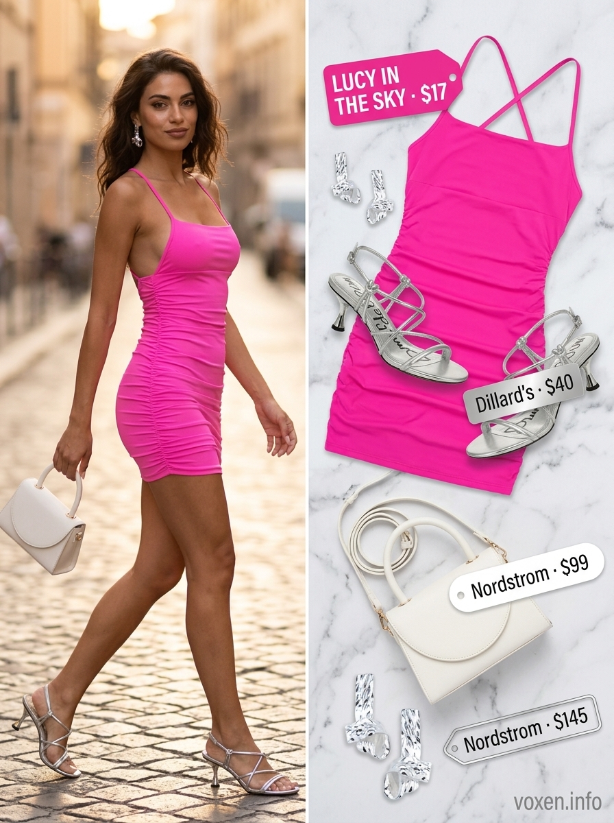 Fuchsia Backless Mini Dress for Summer Parties 2026 Summer Backless Top Outfits for Women 2026: Fuchsia mini dress, silver sandals, statement earrings for a party.