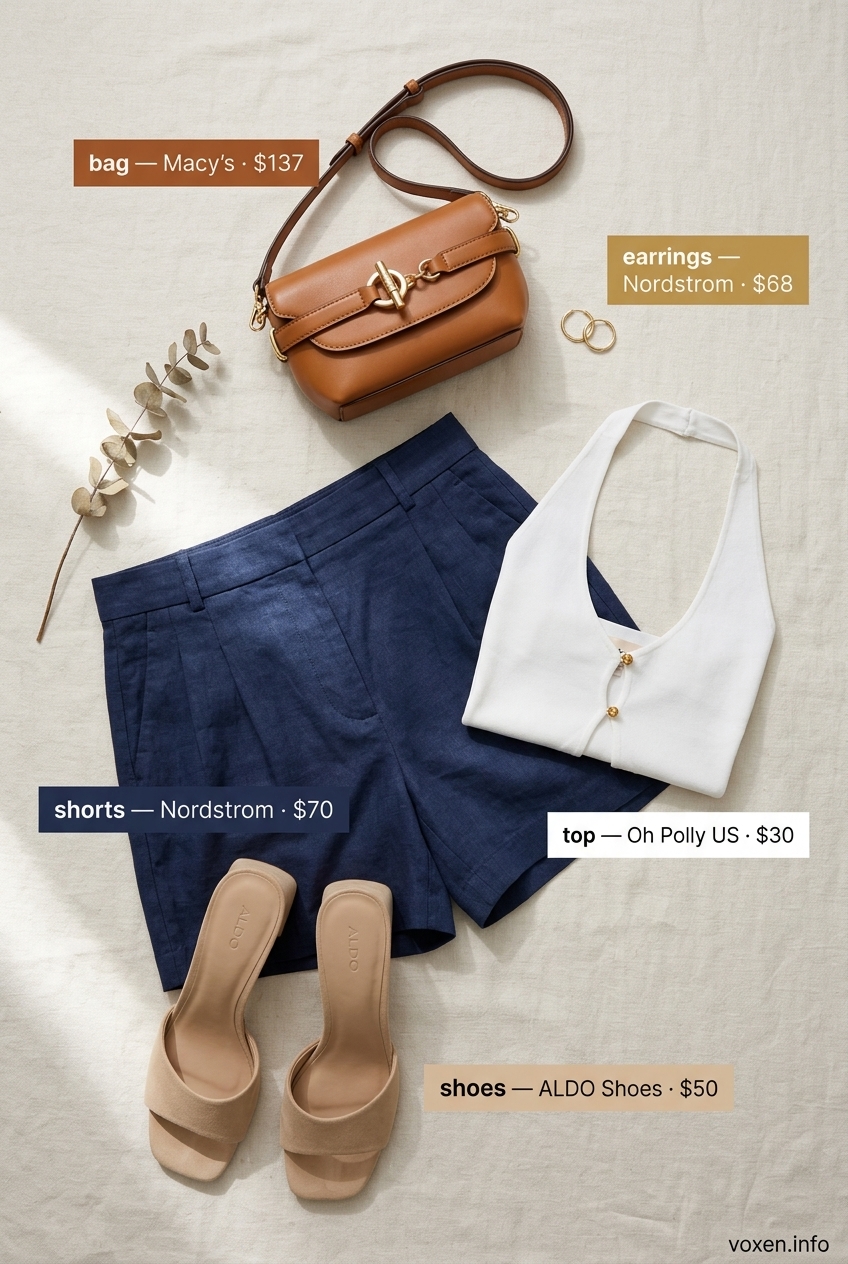 Navy Shorts Suit with White Backless Halter Top 2026 Summer Backless Top Outfits for Women 2026: Navy shorts suit, white backless halter top for daytime chic.