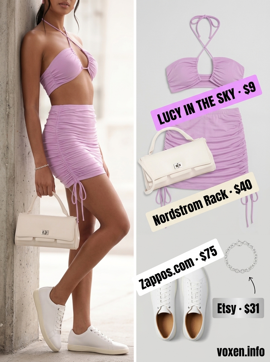 Sweet Brunch Backless Co-ord Outfits 2026 Lilac backless bandeau top and midi skirt co-ord: Summer Backless Top Outfits for Women 2026 brunch style.