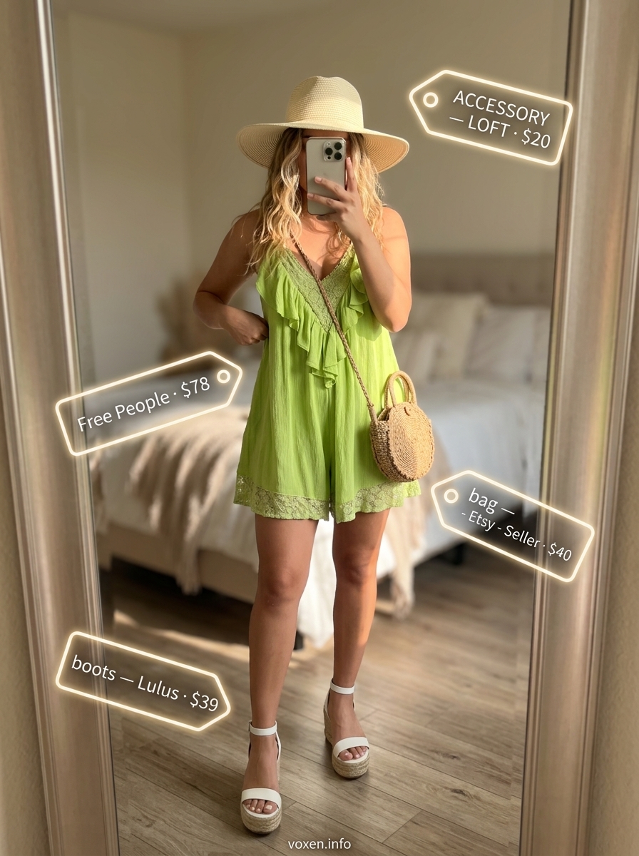 Vacation Backless Romper Outfits 2026 Coral and green floral backless romper with espadrille wedges: Summer Backless Top Outfits for Women 2026 vacation style.