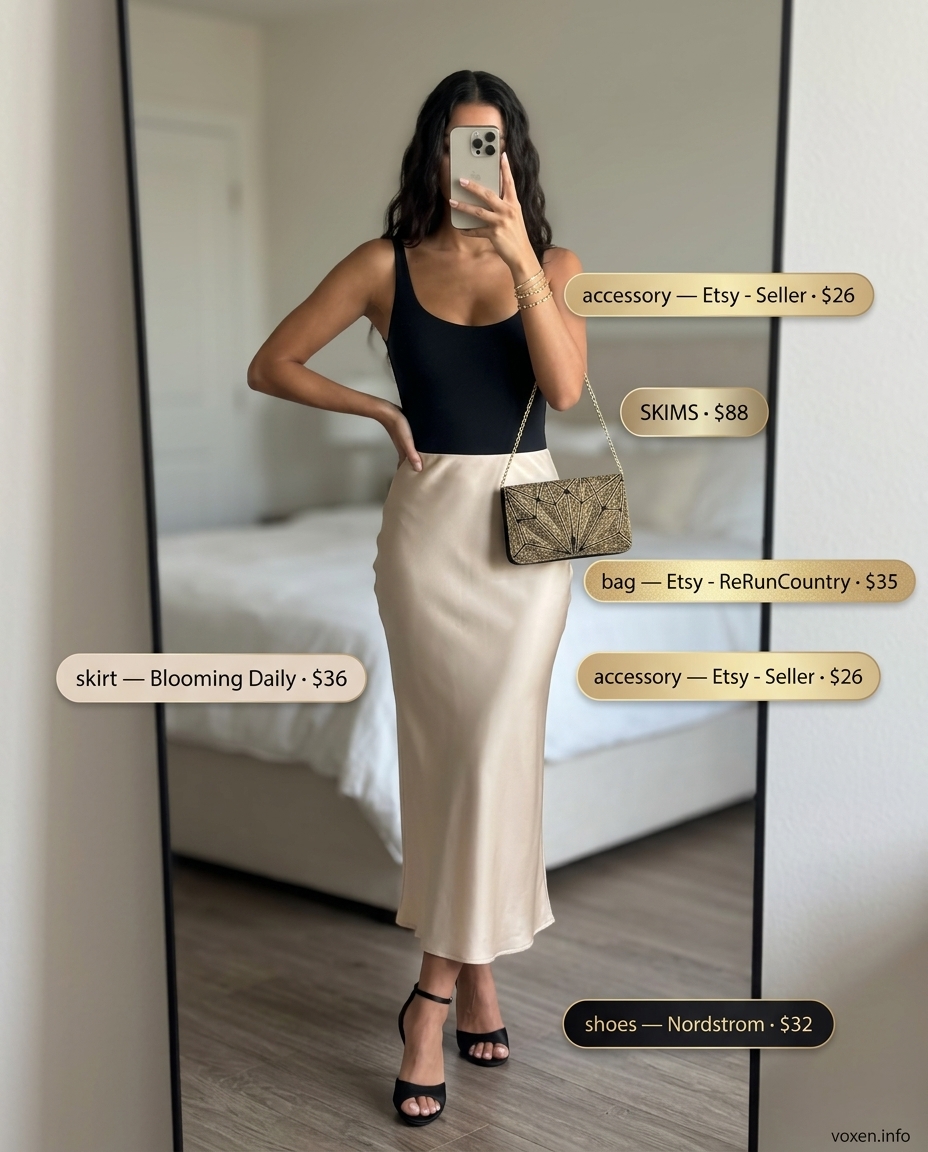 Elegant Evening Backless Top Outfits 2026 Elegant champagne satin slip skirt with black backless bodysuit for evening: Summer Backless Top Outfits for Women 2026.