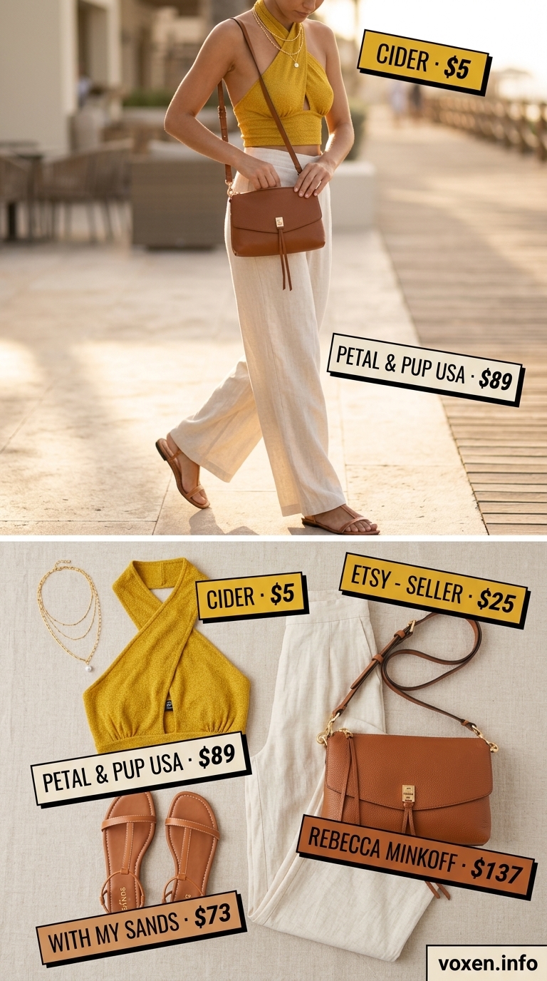 Marigold yellow backless halter top with linen pants: Summer Backless Top Outfits for Women 2026 date night style.