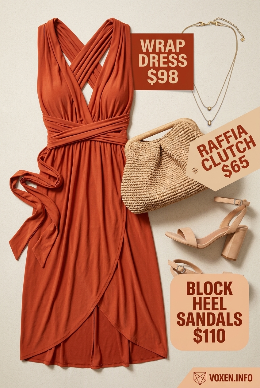 Sophisticated Wrap Backless Dress Outfits 2026 Terracotta orange backless wrap midi dress with block heels: Summer Backless Top Outfits for Women 2026 wedding guest style.