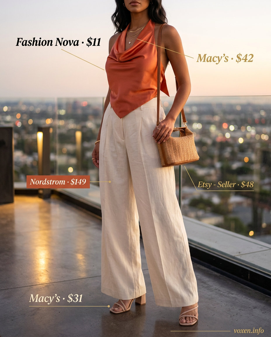 Terracotta Backless Top & Palazzo Pants for Summer Nights 2026 Summer Backless Top Outfits for Women 2026: Terracotta backless top, cream palazzo pants for date night.