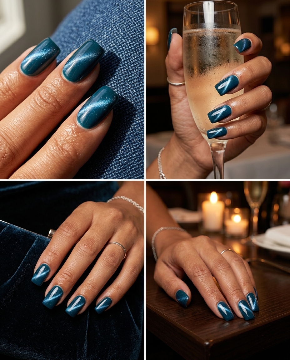 Sophisticated deep teal glossy cat eye nails with sharp silver-blue line for summer cat eye nails 2026.