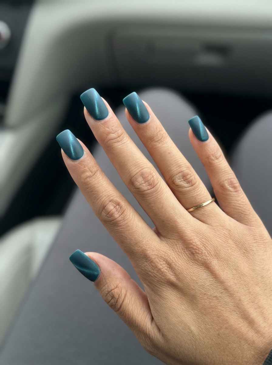 Edgy deep teal matte cat eye nails with blue-green shift for summer cat eye nails 2026.