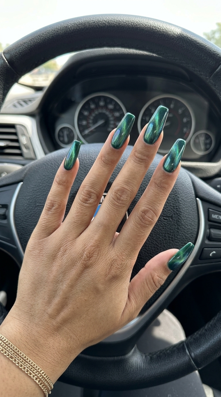 Emerald Green Aurora Cat Eye Nails 2026: Glamorous deep emerald green with holographic aurora shift and magnetic cat eye for formal events.
