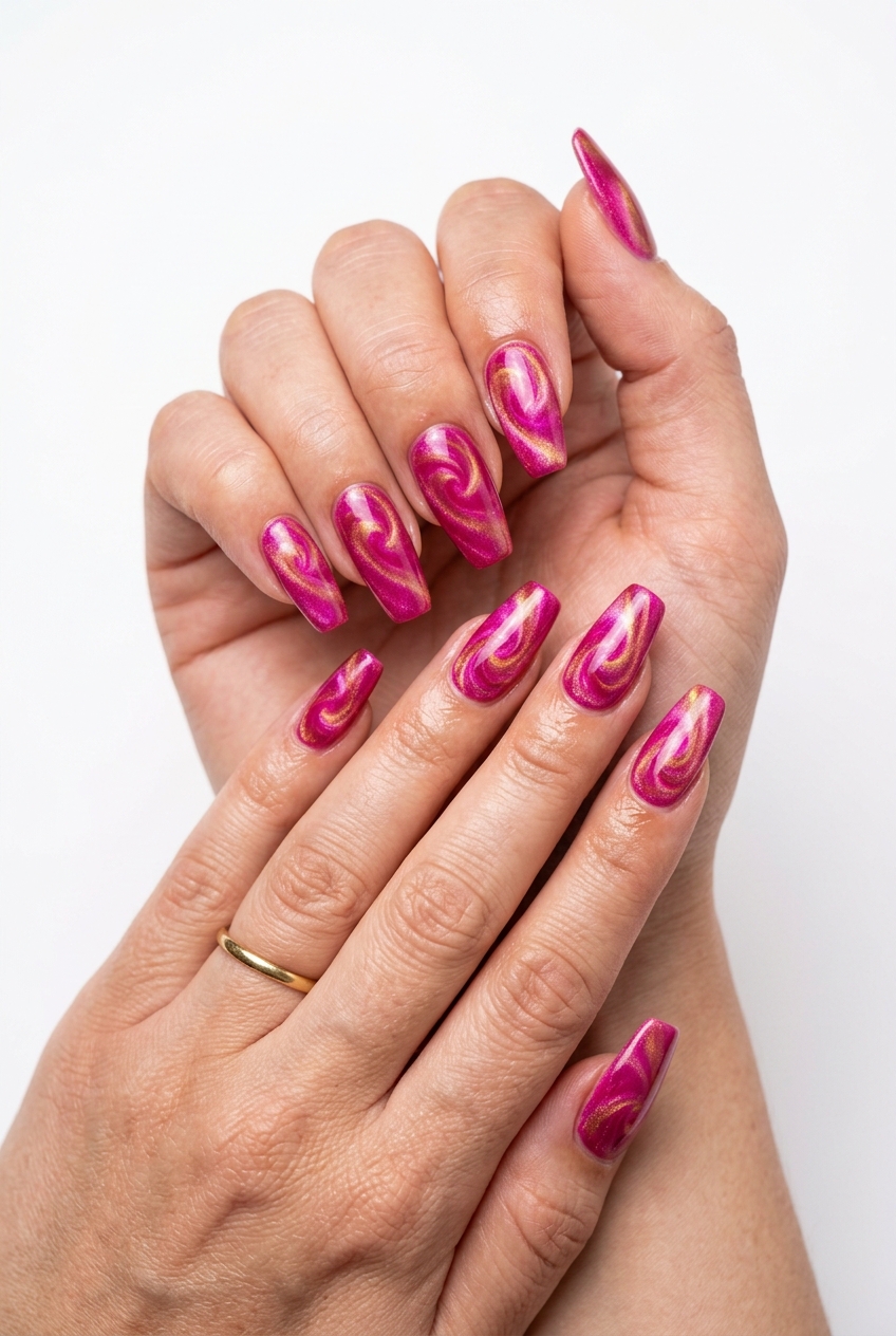 Vibrant Fuchsia Magnetic Swirls 2026: Bold festival nails with energetic pink-gold magnetic patterns.