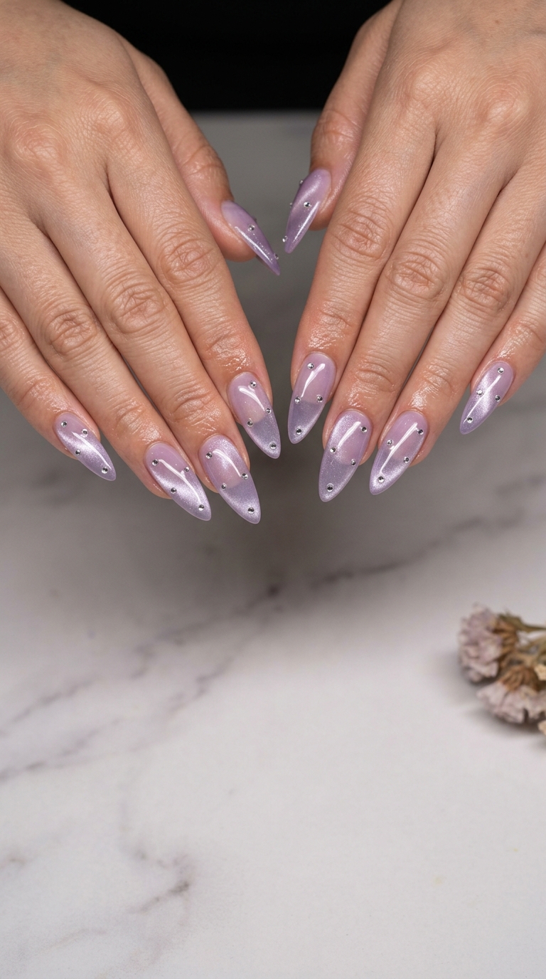 Glamorous lavender crystal cat eye nails 2026 for weddings and special events.