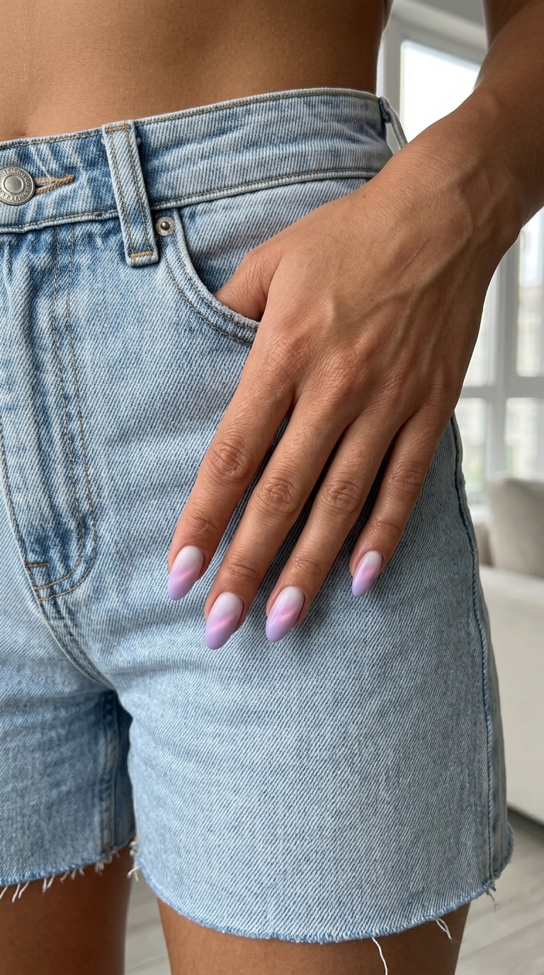 Lavender Milky Cat Eye Gradient Nails 2026: Soft lavender gradient with pink-purple cat eye shimmer and matte finish for whimsical spring events.
