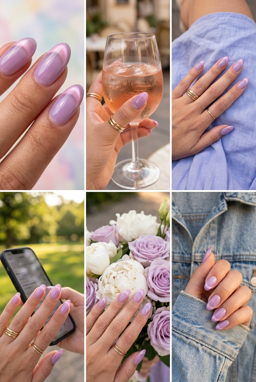 Lavender jelly cat eye French tips for a romantic wedding or soft summer aesthetic. Summer cat eye nails 2026.