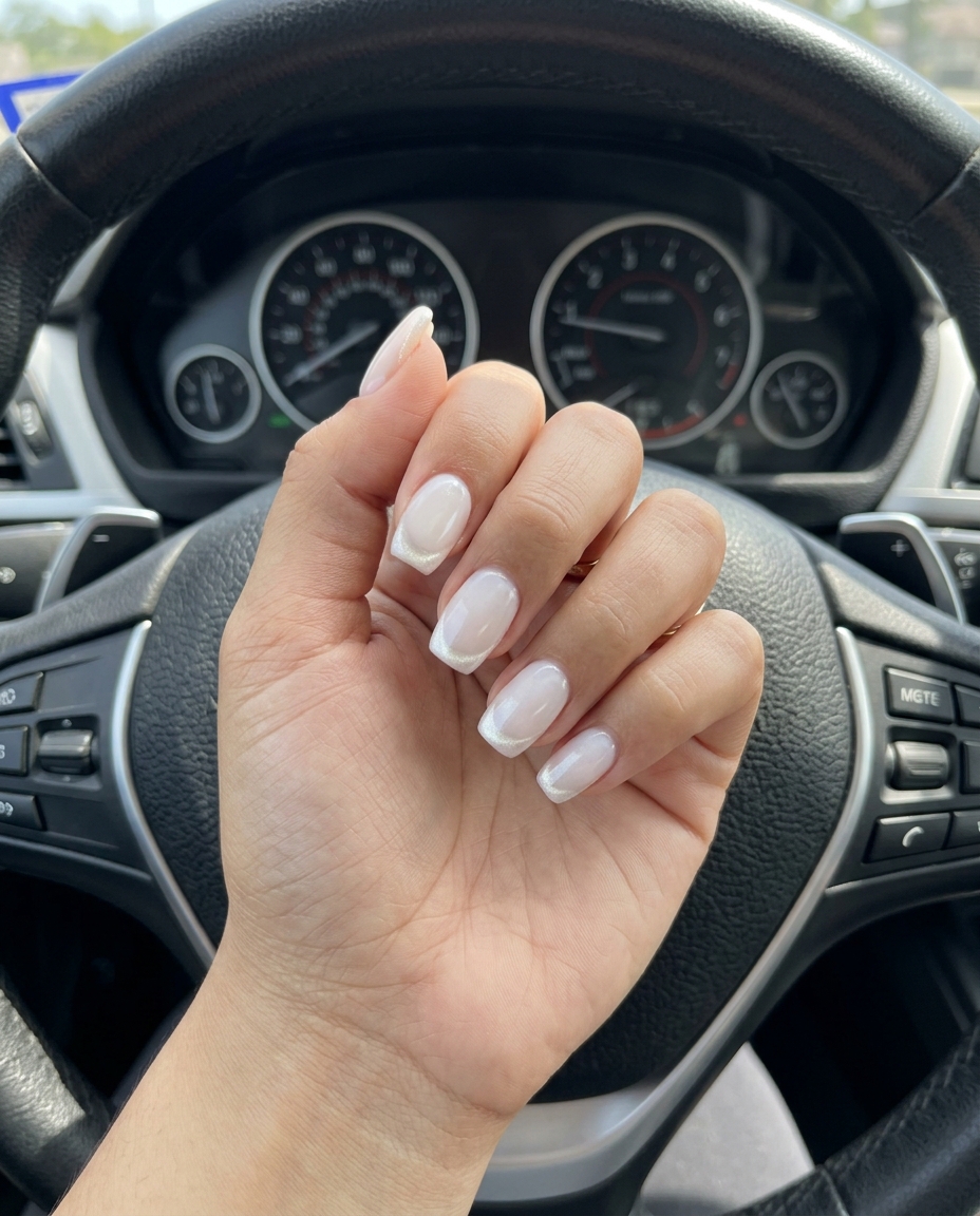 Milky white cat eye French tips for clean-girl daily wear or work. Summer cat eye nails 2026.