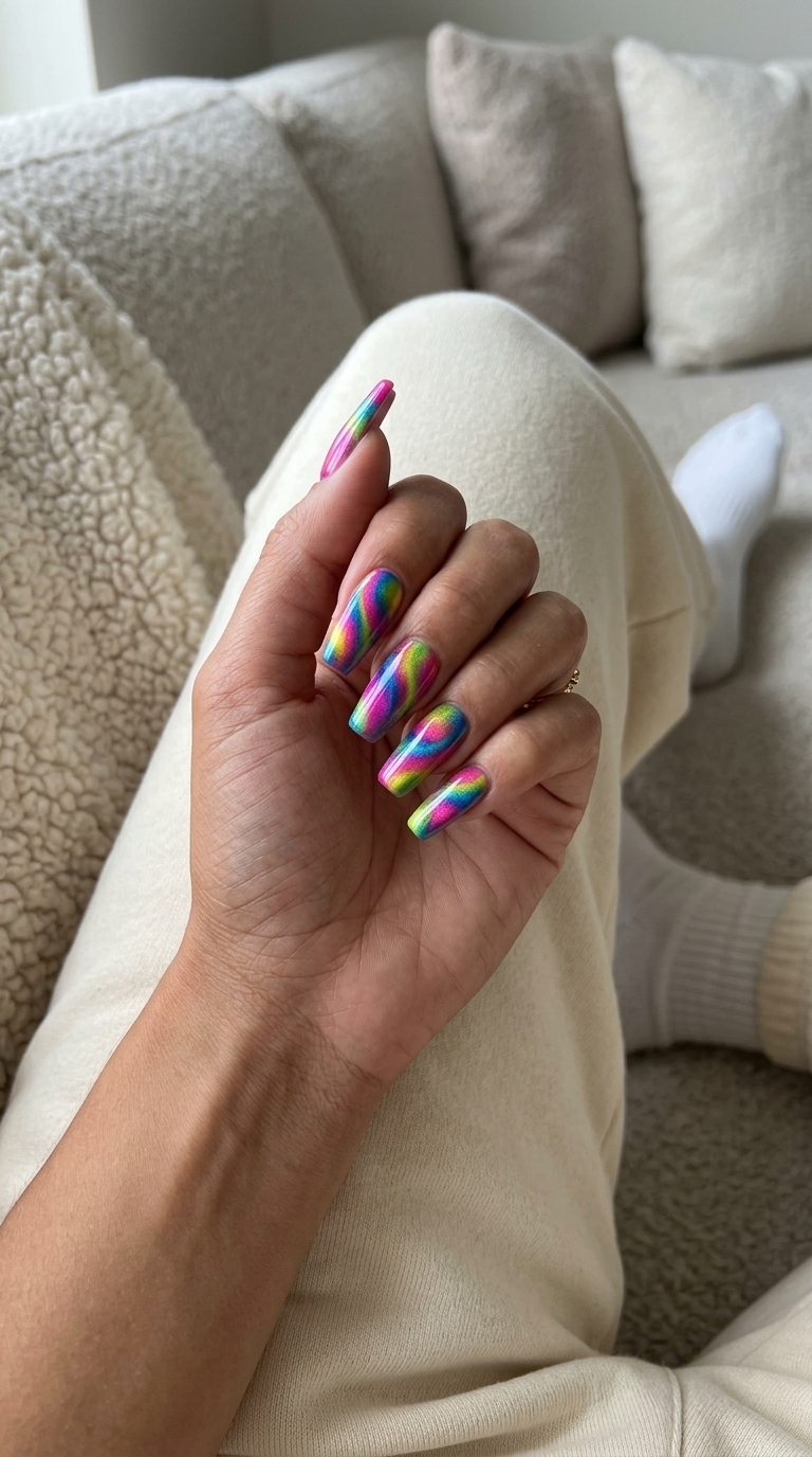 Multi-Color Magnetic Swirls Nails 2026: Vibrant rainbow palette with chaotic magnetic swirls for playful festivals and parties.