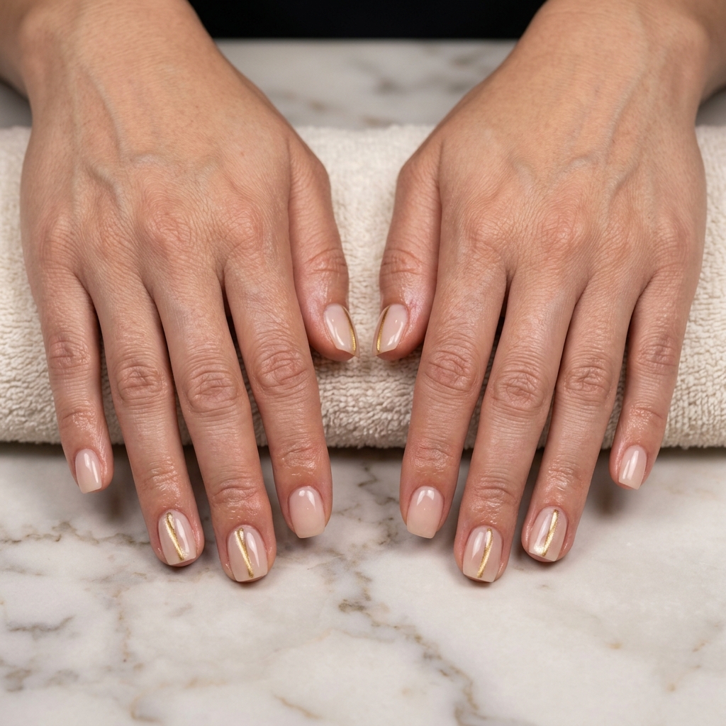 Minimalist nude gold cat eye nails 2026 for casual weekend and work professional looks.