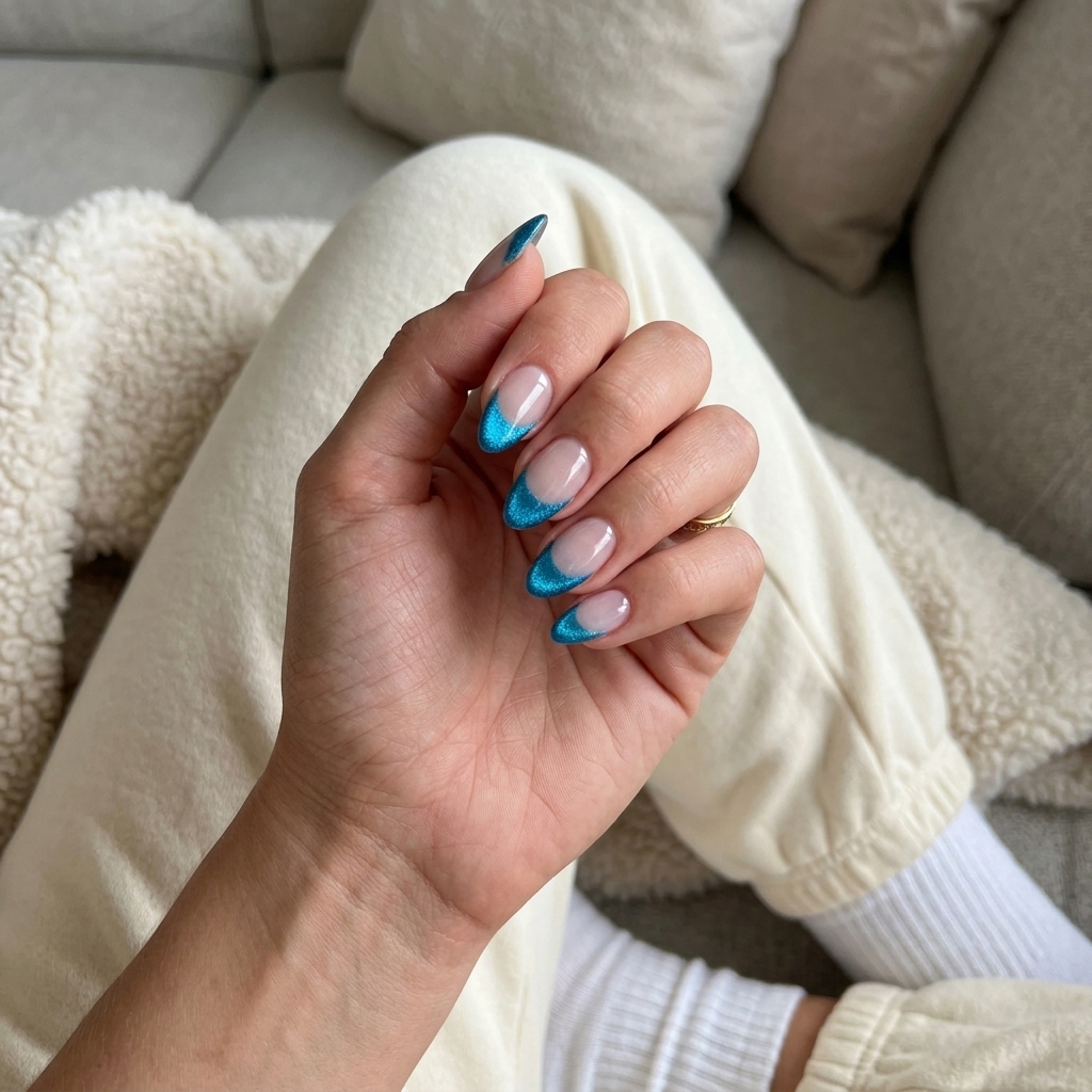 Ocean Blue Cat Eye French Tips 2026: Bohemian vacation nails with vibrant magnetic shift on tips.
