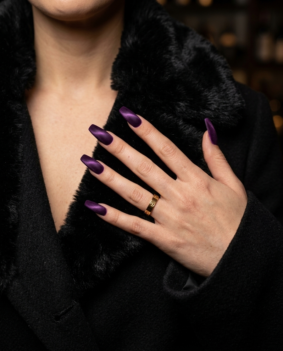 Deep purple velvet cat eye nails for a sultry party look. Summer cat eye nails 2026 inspiration.