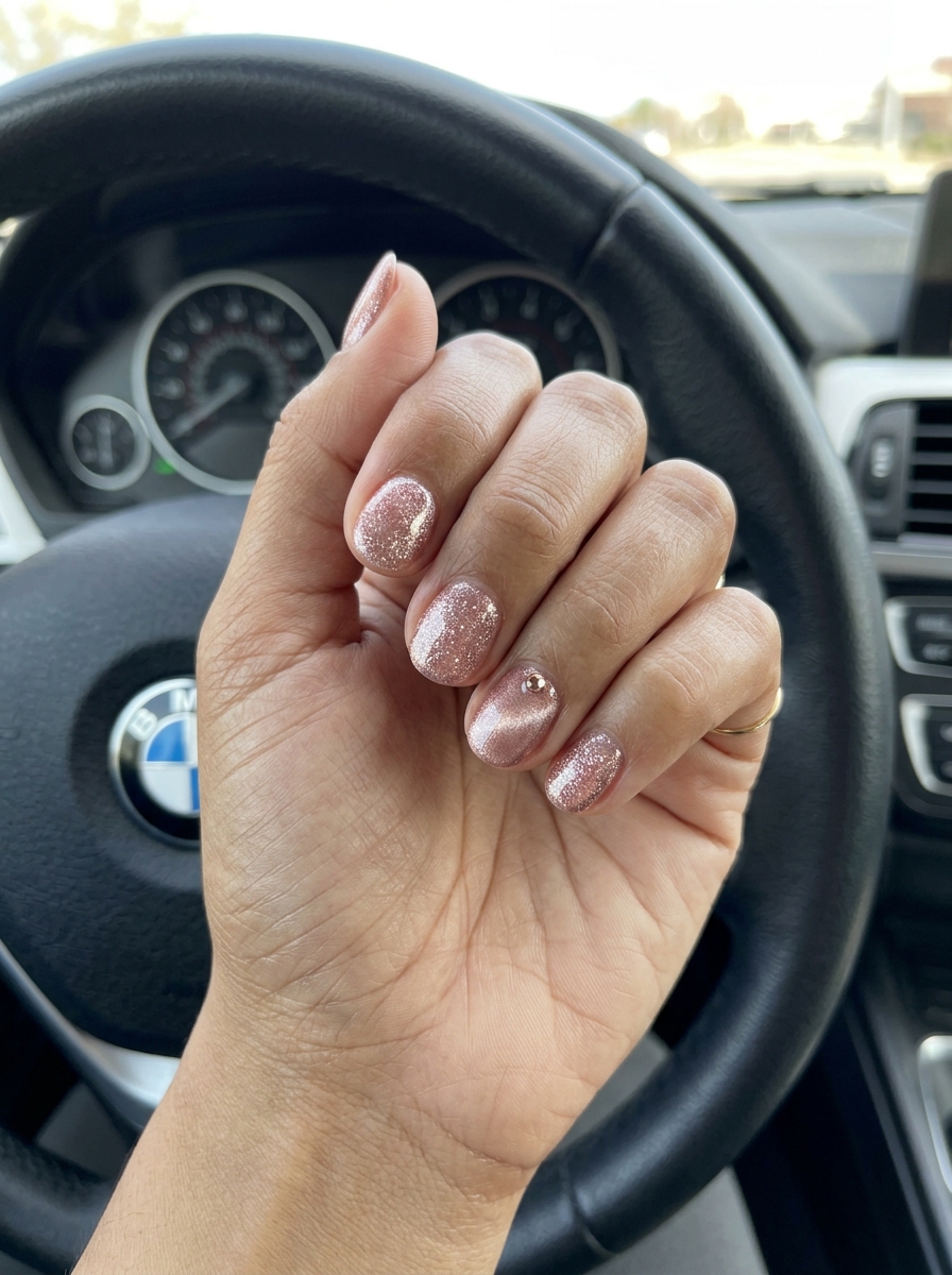 Romantic rose gold glitter cat eye accent nails 2026 for date nights and weddings.
