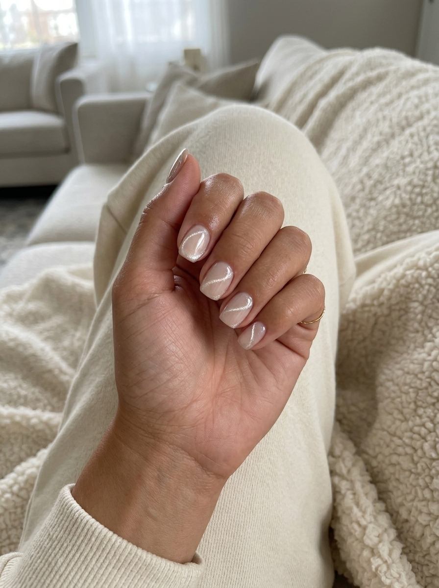 Shimmering Silver Cat Eye Lines Nails 2026: Minimalist nude base with delicate silver magnetic cat eye lines for sophisticated office and weekend wear.