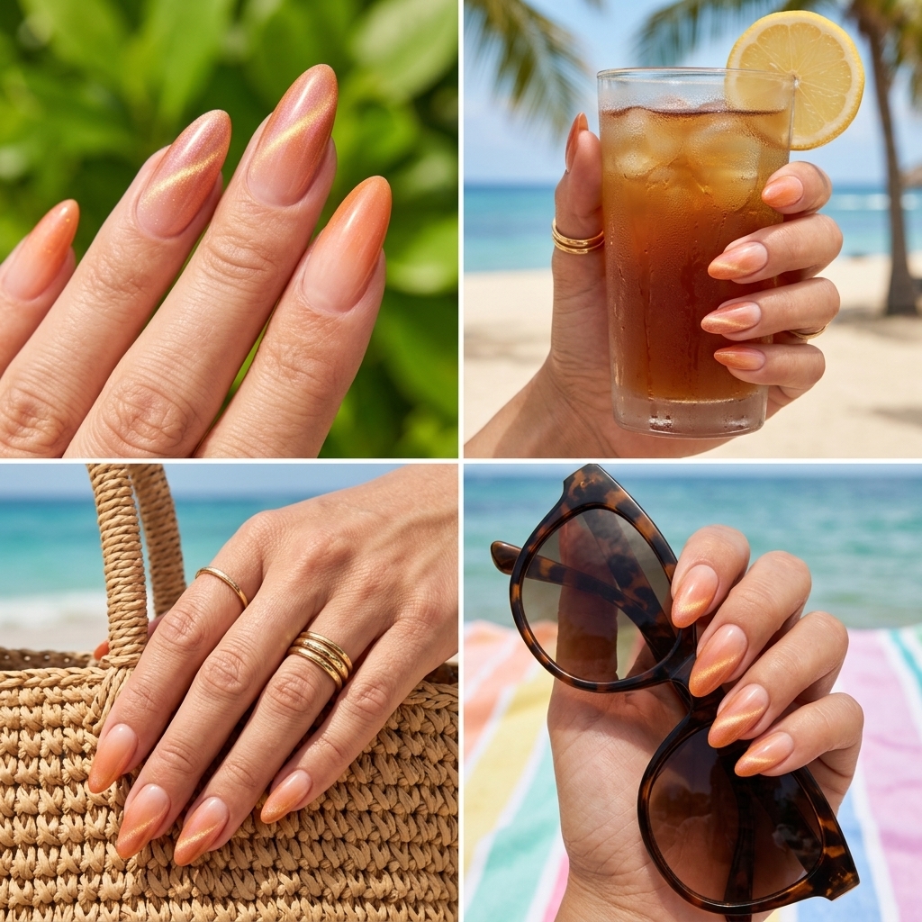 Vibrant summer sunset orange cat eye gradient nails 2026 for vacation and festivals.