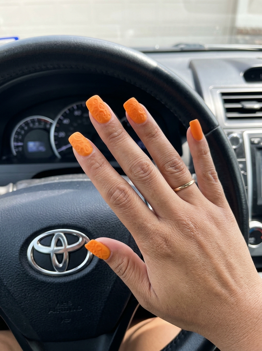 Abstract Orange Peel Texture Square 2026 Abstract orange peel texture square nails for casual weekend wear. Summer citrus nail art 2026.