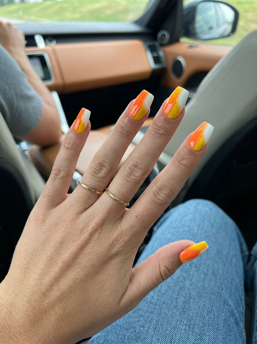Citrus Peel Color Block Coffin 2026 Citrus peel color block coffin nails for date night or summer social. Summer citrus nail art 2026.