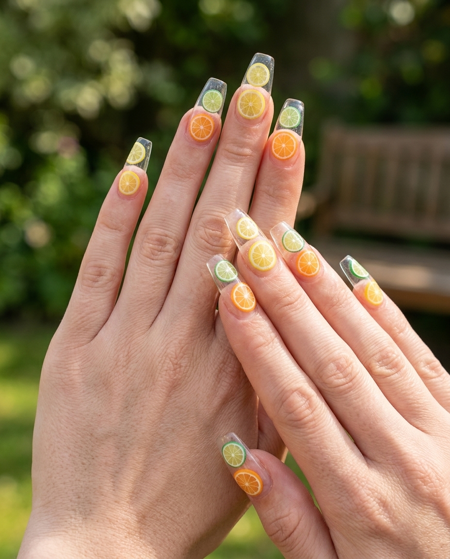 Citrus Segment Coffin Nails 2026 | Fun Summer Art Clear Citrus Segmented Coffin Nails: Whimsical summer citrus nail art 2026 with embedded fruit slices for festivals.