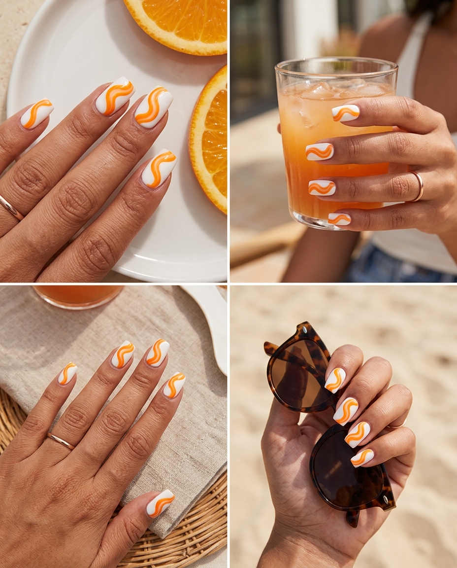 Juicy orange swirl nail art for summer citrus nail art 2026. Playful vibrant orange and white abstract design on square nails.