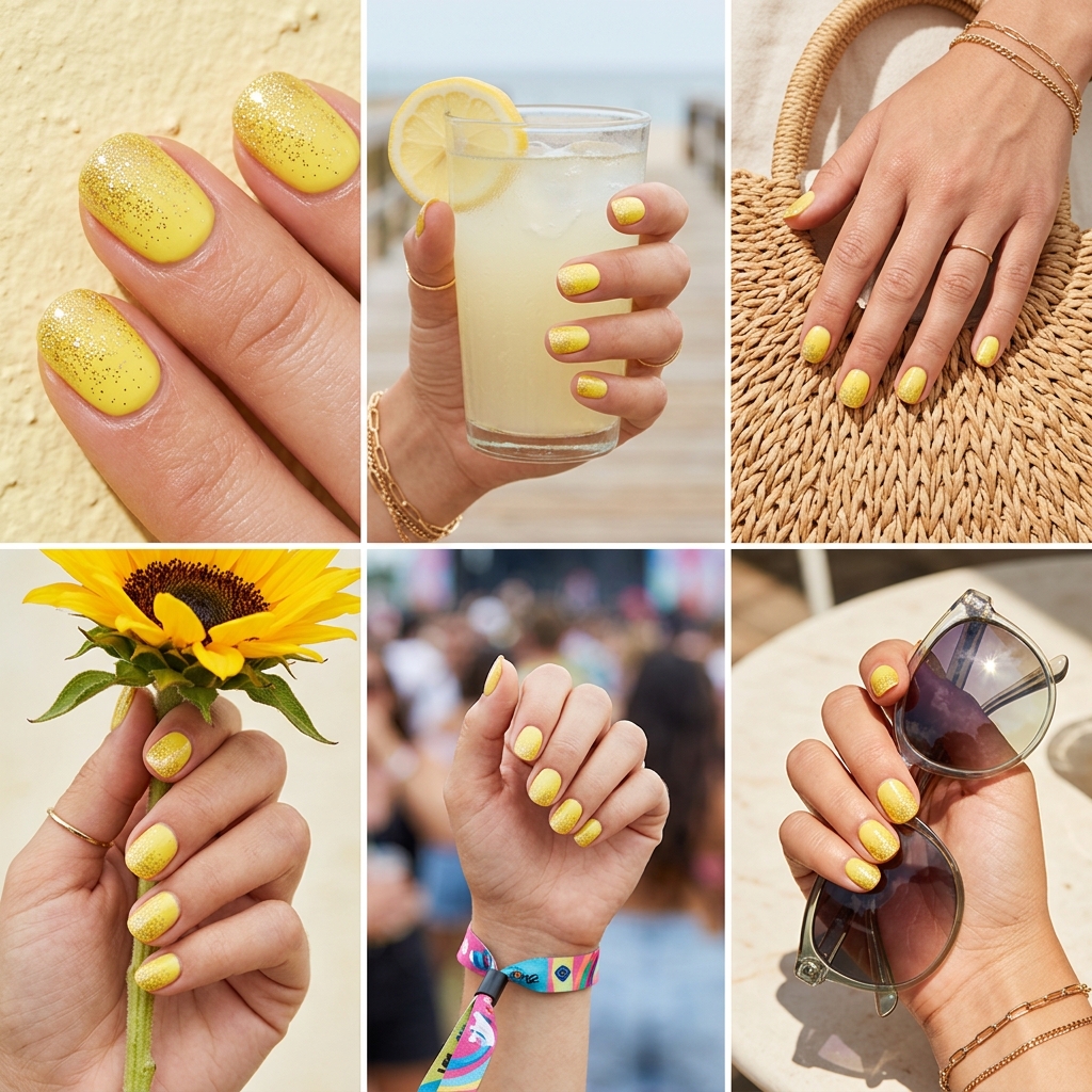 Summer Citrus Nail Art 2026: Lemon Glitter Tip Nails Lemon burst glitter tip round nails for summer citrus nail art 2026, great for festivals and parties.