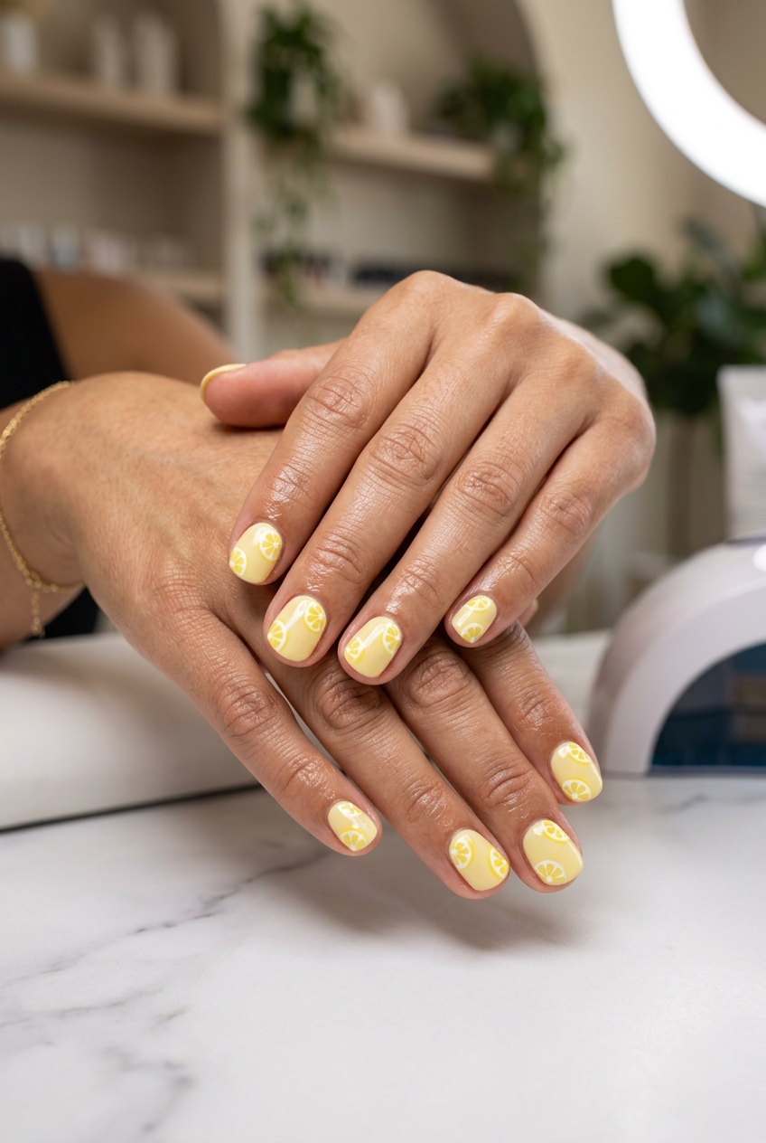 Lemon Wheel Nails 2026 | Sweet Summer Citrus Design Lemon Wheel Dot Accents Nails: Whimsical summer citrus nail art 2026 with pale yellow base and tiny lemon wheel details.