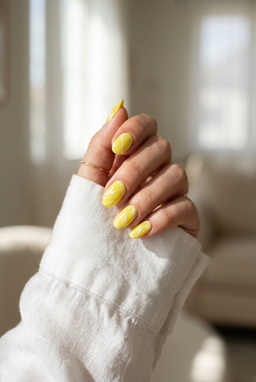 Lemon Marble Nails 2026 | Elegant Summer Citrus Lemon Yellow Marble Oval Nails: Sophisticated summer citrus nail art 2026 for date nights and events.