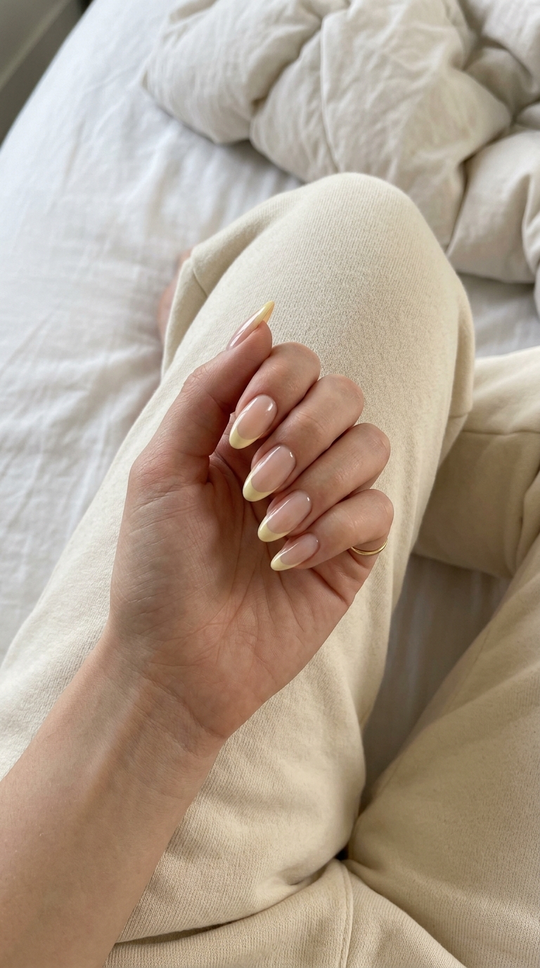 Lemonade French Tips 2026 | Chic Summer Citrus Sheer Lemonade French Tip Almond Nails: Chic summer citrus nail art 2026 for weddings and bridal showers.