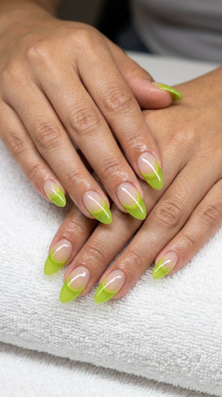 Lime Jelly Reverse French Tip Almond 2026 Lime jelly reverse French tip almond nails for vacation or brunch. Summer citrus nail art 2026.