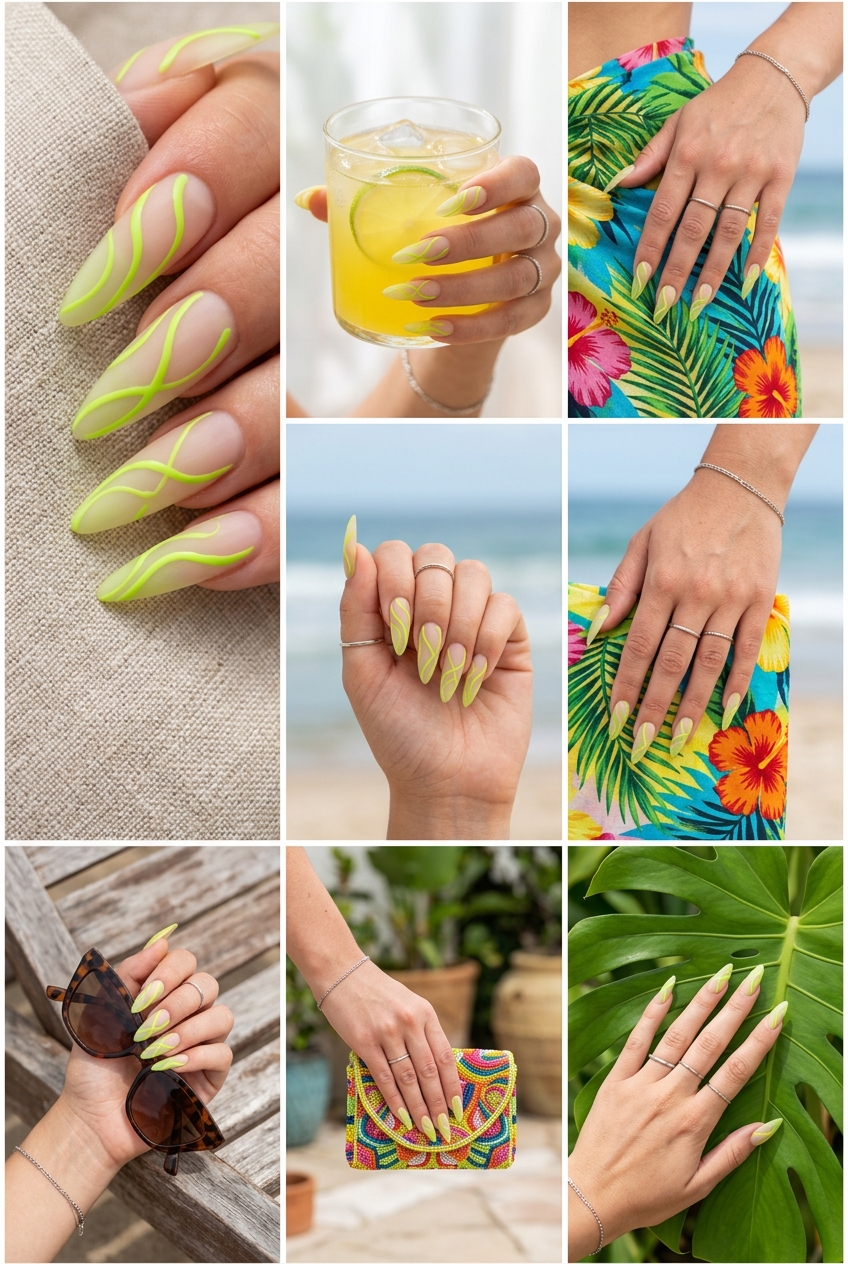 Lime Peel Abstract Lines Stiletto 2026 Lime peel abstract lines stiletto nails for an edgy fashion event. Summer citrus nail art 2026.