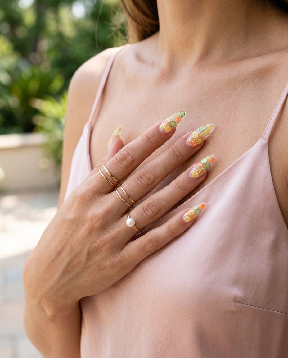 Mixed Citrus Confetti Stiletto Nails 2026 Mixed citrus confetti stiletto nails for festivals or parties. Summer citrus nail art 2026.