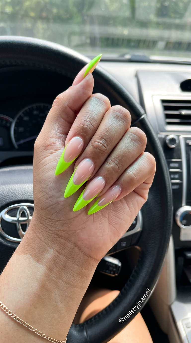 Neon Lime Micro French Stiletto Nails 2026 Neon lime micro French stiletto nails for a bold night out or festival look. Summer citrus nail art 2026.